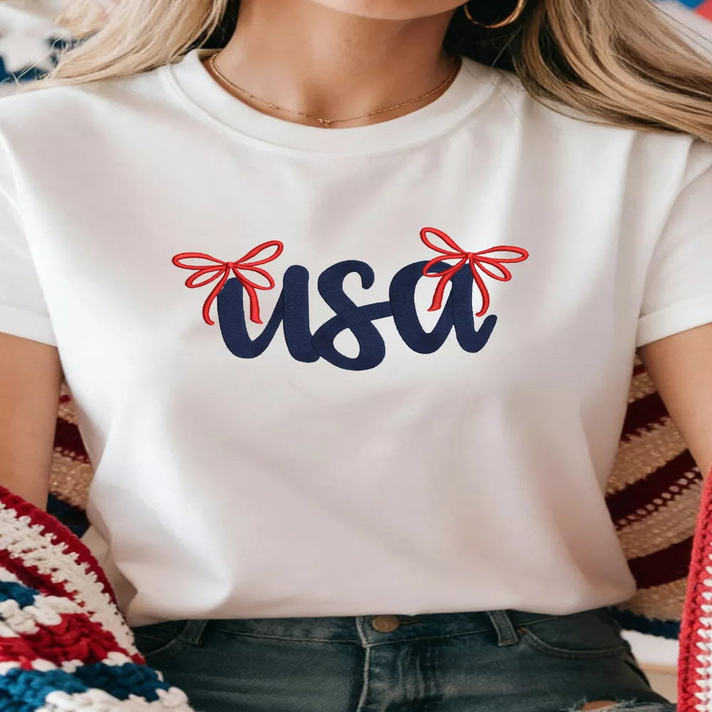 USA Lettering Bow Embroidered T-Shirt - White