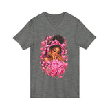 Pink Butterfly Girl V‑Neck Tee — Cute Afrocentric Illustration