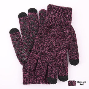 Knitted winter touchscreen wool gloves for men and women with warm soft fabric for cold-weather use.