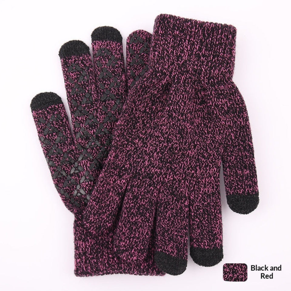 Knitted winter touchscreen wool gloves for men and women with warm soft fabric for cold-weather use.