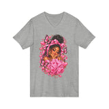 Pink Butterfly Girl V‑Neck Tee — Cute Afrocentric Illustration