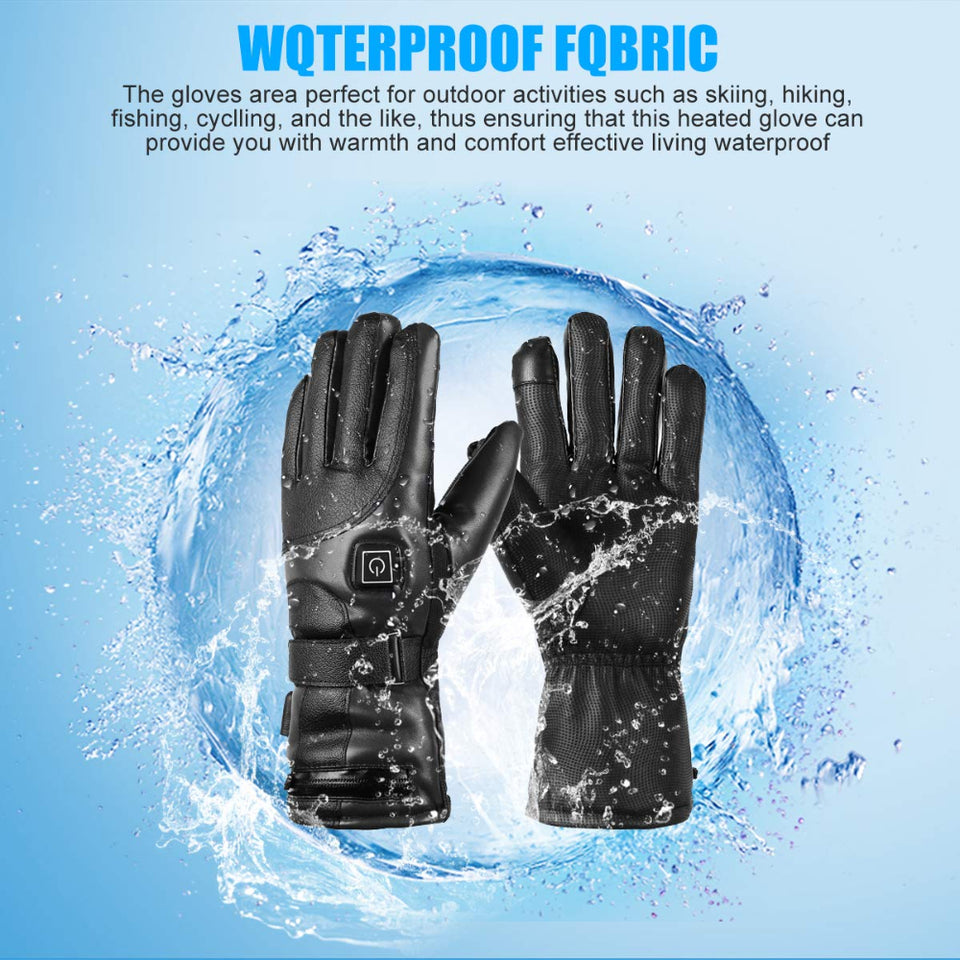 Rechargeable heated winter cycling gloves with three-level temperature control for outdoor cold-weather activities.