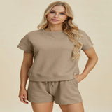 Double Take Full Size Texture Short Sleeve Top and Shorts Set - Khaki