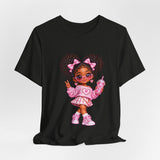 Cute Girl Graphic Tee — Pink Cartoon Doll Illustration T-Shirt