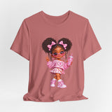 Cute Girl Graphic Tee — Pink Cartoon Doll Illustration T-Shirt