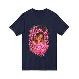 Pink Butterfly Girl V‑Neck Tee — Cute Afrocentric Illustration