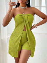 Solid Color Twisted Front Split Green Strapless Top And Shorts Set With - Black