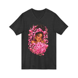 Pink Butterfly Girl V‑Neck Tee — Cute Afrocentric Illustration