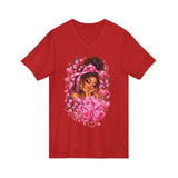Pink Butterfly Girl V‑Neck Tee — Cute Afrocentric Illustration
