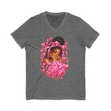 Pink Butterfly Girl V‑Neck Tee — Cute Afrocentric Illustration