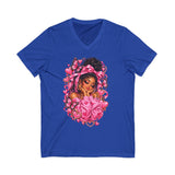 Pink Butterfly Girl V‑Neck Tee — Cute Afrocentric Illustration