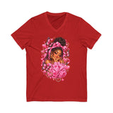 Pink Butterfly Girl V‑Neck Tee — Cute Afrocentric Illustration