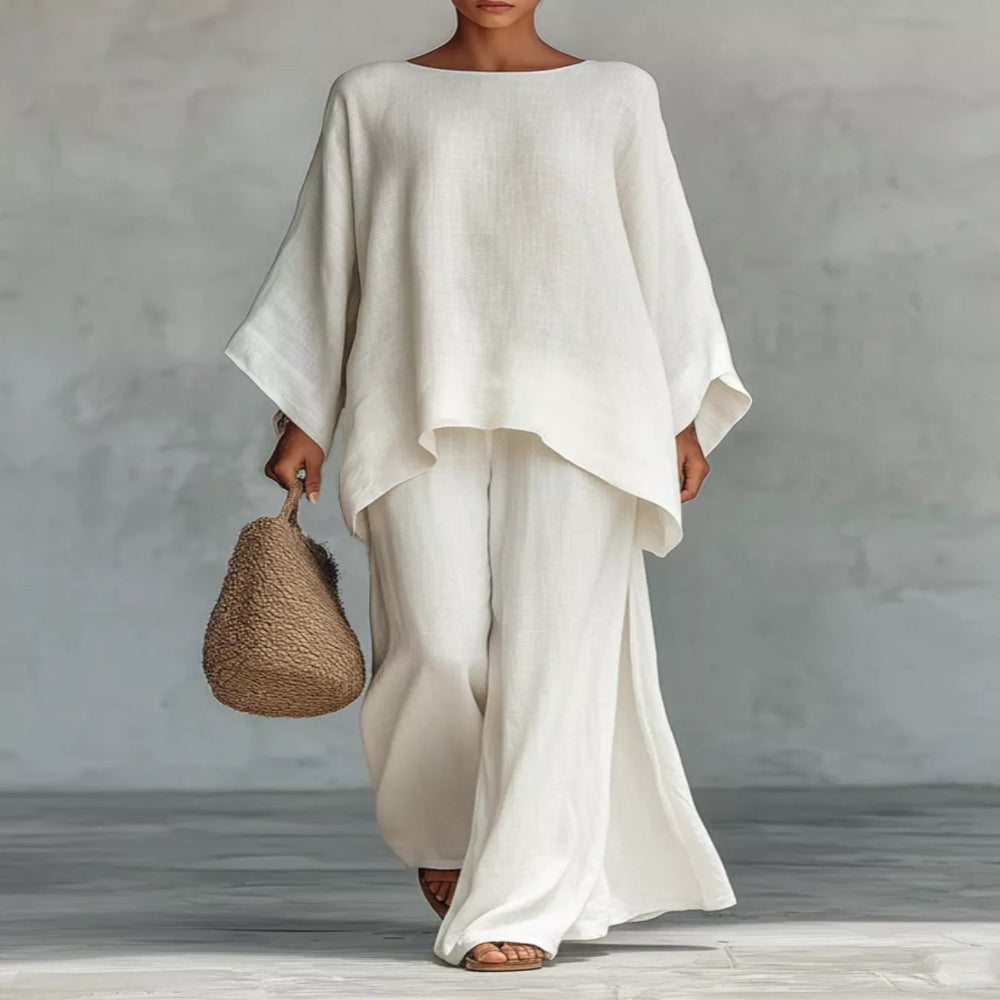 Solid Color Long Sleeve Top and Wide Leg Pants Set - White