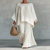 Solid Color Long Sleeve Top and Wide Leg Pants Set - White