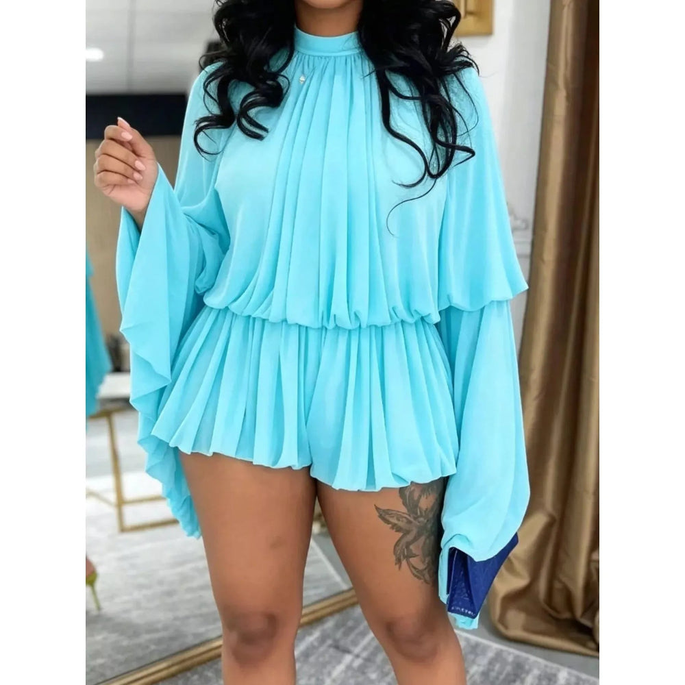 Pleated Long Sleeve Top and Skirt Set - Blue