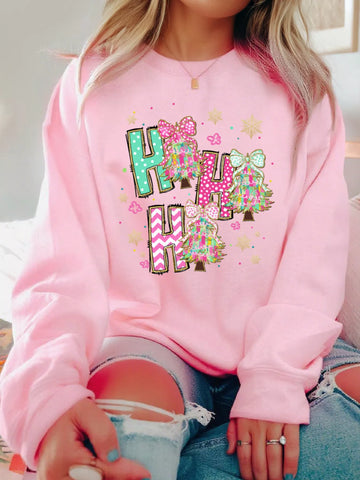HO HO Christmas Tree Graphic Pullover Sweatshirt - Blush Pink