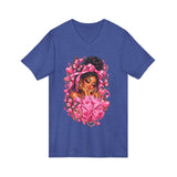 Pink Butterfly Girl V‑Neck Tee — Cute Afrocentric Illustration