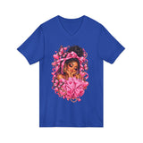 Pink Butterfly Girl V‑Neck Tee — Cute Afrocentric Illustration