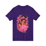 Pink Butterfly Girl V‑Neck Tee — Cute Afrocentric Illustration