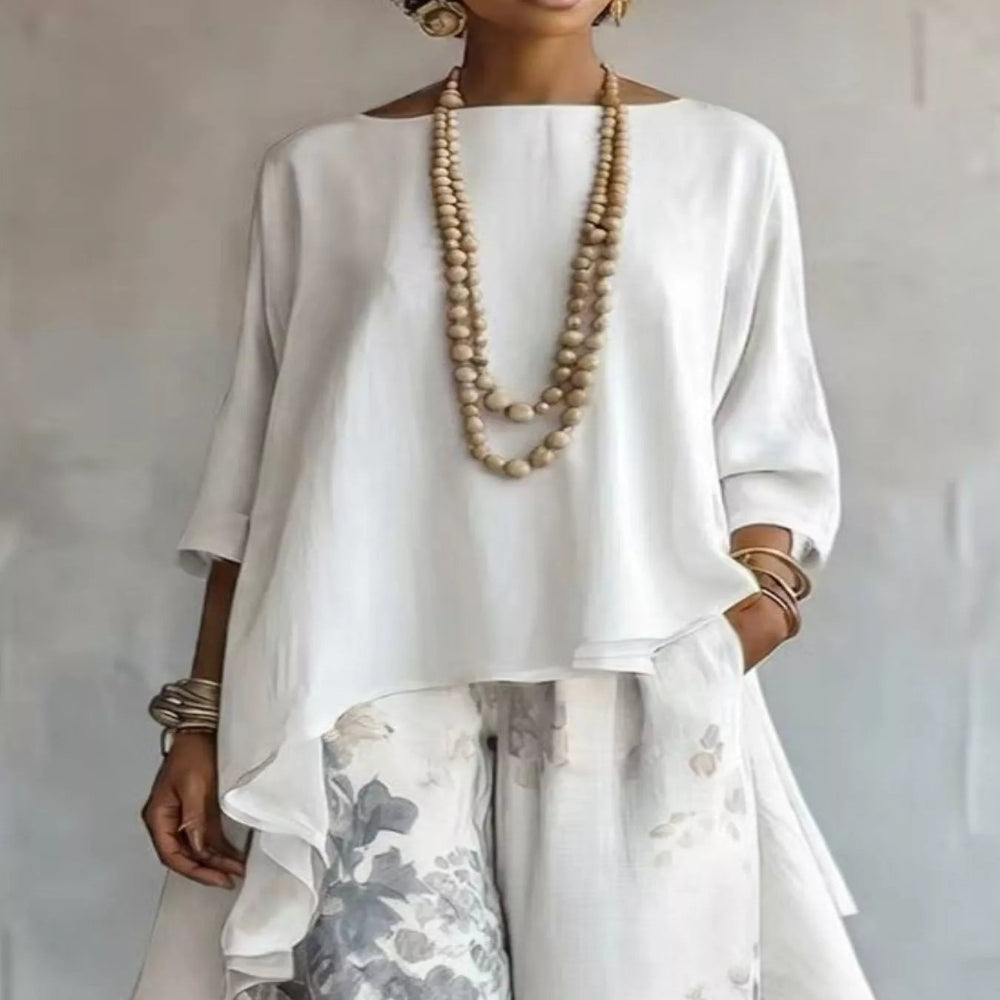 Asymmetrical Hem Top and Floral Pants Set - White