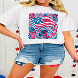 Floral Flag Aesthetics Patriotic Graphic T-Shirt - White