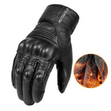 Men's winter motorcycle leather gloves with insulated lining for cold-weather riding.