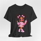 Cute Girl Graphic Tee — Pink Cartoon Doll Illustration T-Shirt