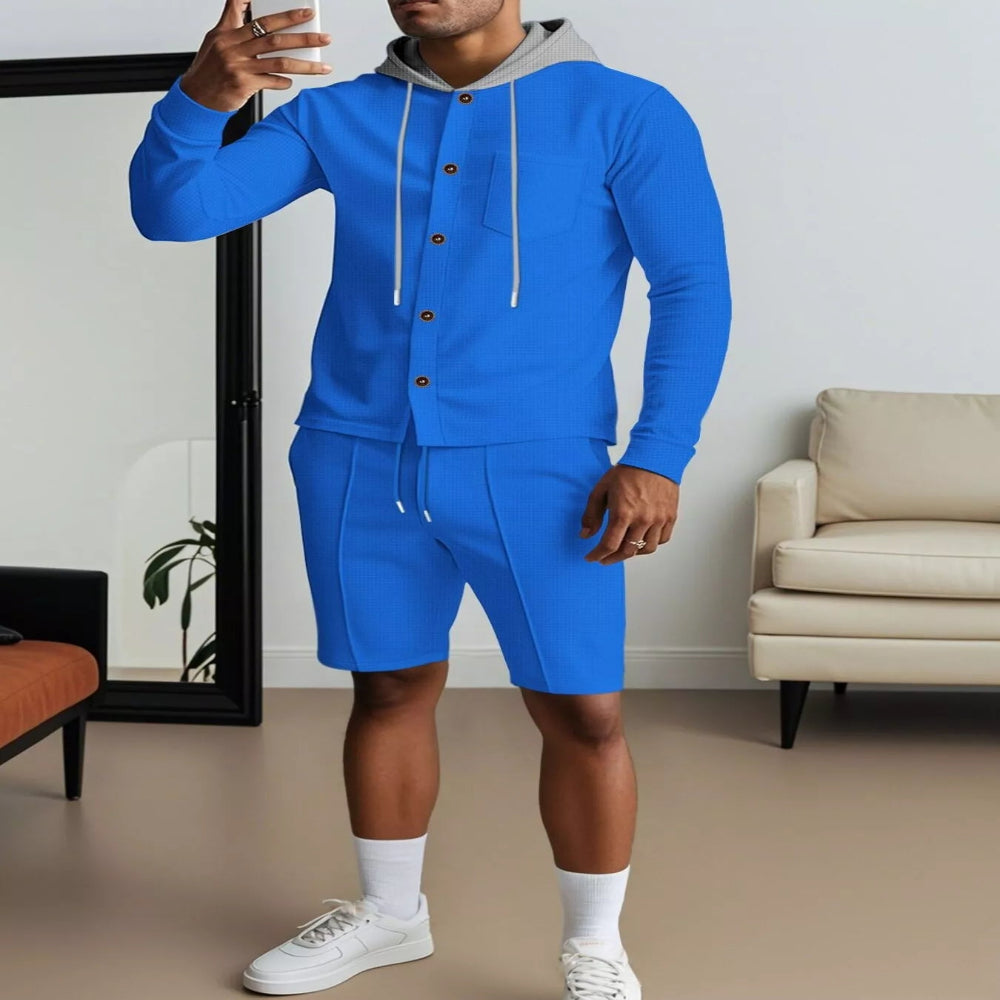 Men's Full Size Casual Hooded Button-Up Top and Shorts Set Plus Size - White