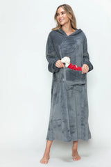 Double Take Full Size Pocketed Hooded Midi Lounge Dress - Dark Gray