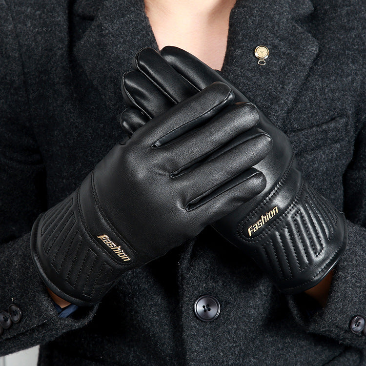 Men's plus velvet thermal winter gloves with soft insulated lining.