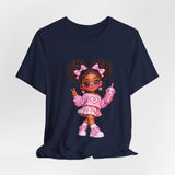 Cute Girl Graphic Tee — Pink Cartoon Doll Illustration T-Shirt
