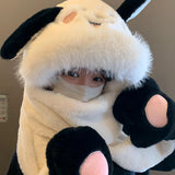 Cute puppy plush winter hood hat with attached scarf for women, soft fleece cold weather hood with adorable dog design.