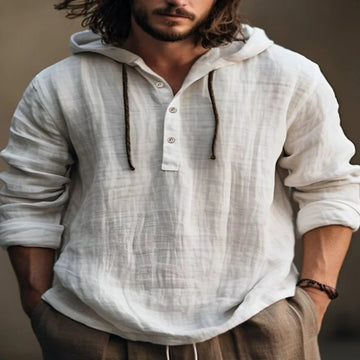 Men's Full Size Half Button Long Sleeve Hoodie - Ivory