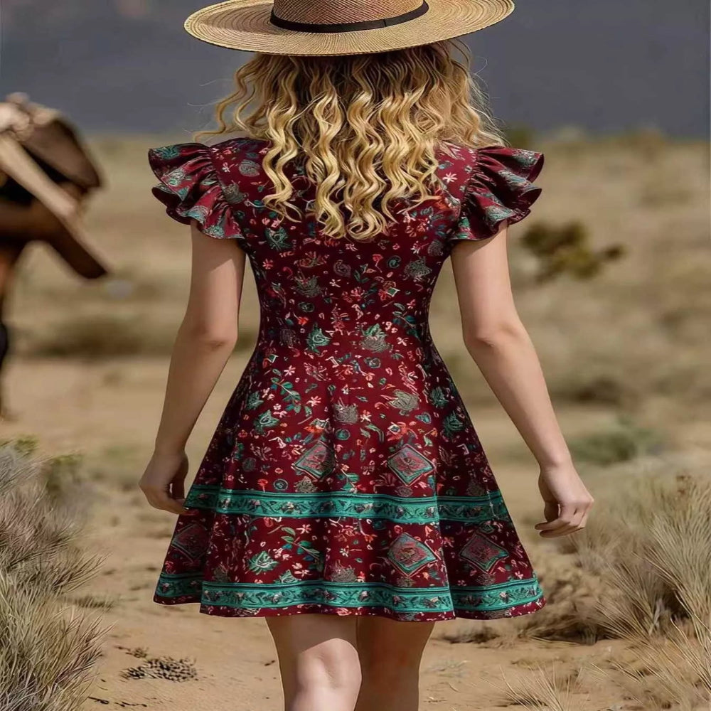 Ruffled V-Neck Mini Dress - Burgundy