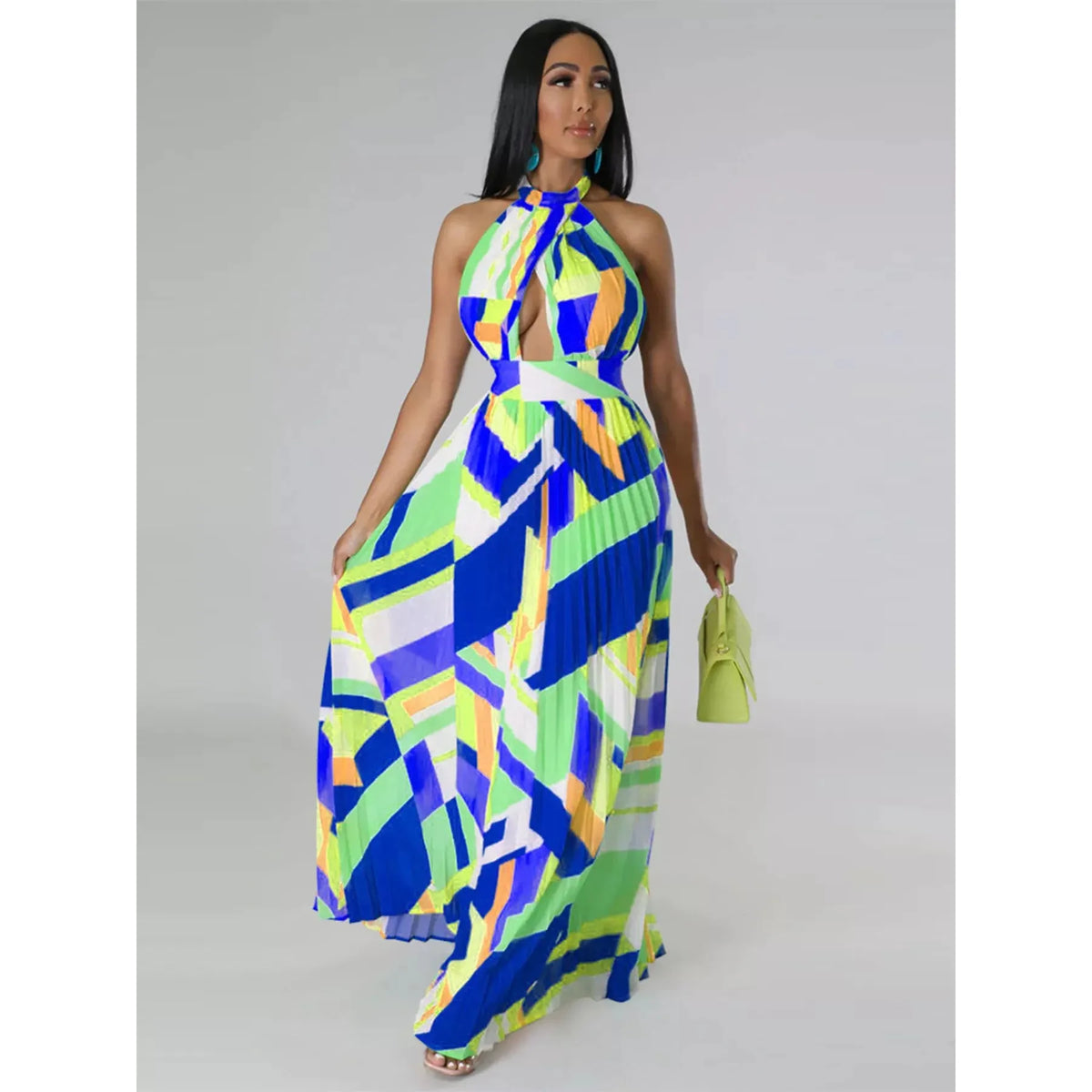 Halter Neck Geometric Print Pleated Maxi Dress - Blue