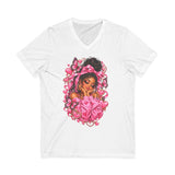 Pink Butterfly Girl V‑Neck Tee — Cute Afrocentric Illustration