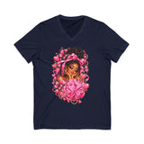 Pink Butterfly Girl V‑Neck Tee — Cute Afrocentric Illustration