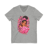 Pink Butterfly Girl V‑Neck Tee — Cute Afrocentric Illustration