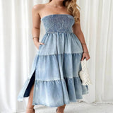 Smocked Tube Slit Tiered Denim Dress - Light Blue