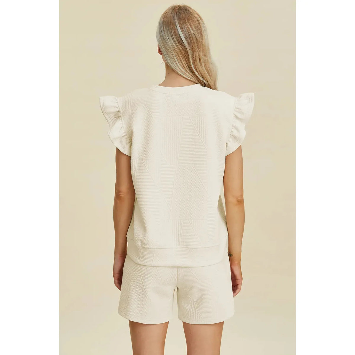 Double Take Full Size Texture Round Neck Ruffle Sleeve Top and Shorts Set - Cream