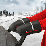 Insulated winter stroller hand muff gloves for warm hands during outdoor walks.