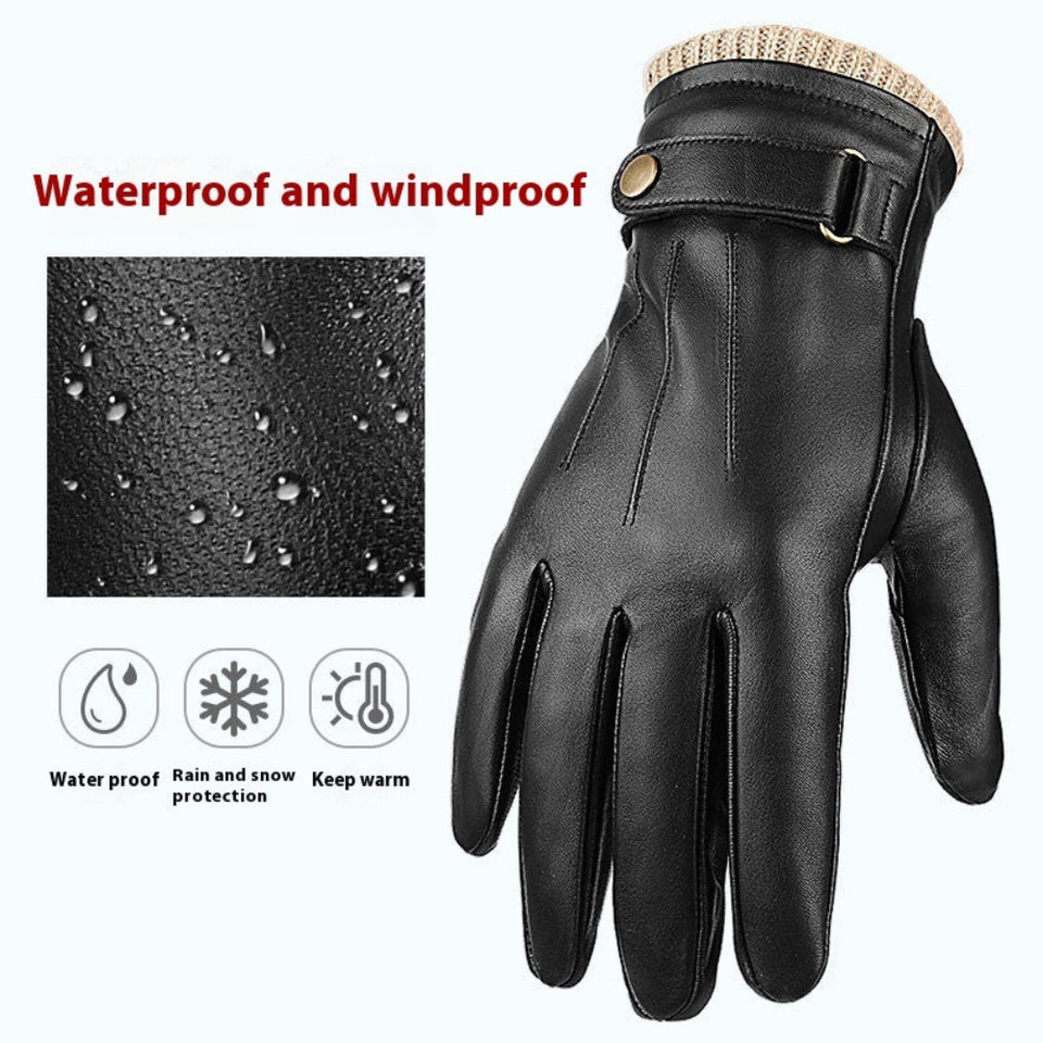 Men's black genuine leather winter gloves with fleece lining and touchscreen fingertips for winter warmth.