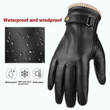 Men's black genuine leather winter gloves with fleece lining and touchscreen fingertips for winter warmth.