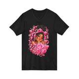 Pink Butterfly Girl V‑Neck Tee — Cute Afrocentric Illustration