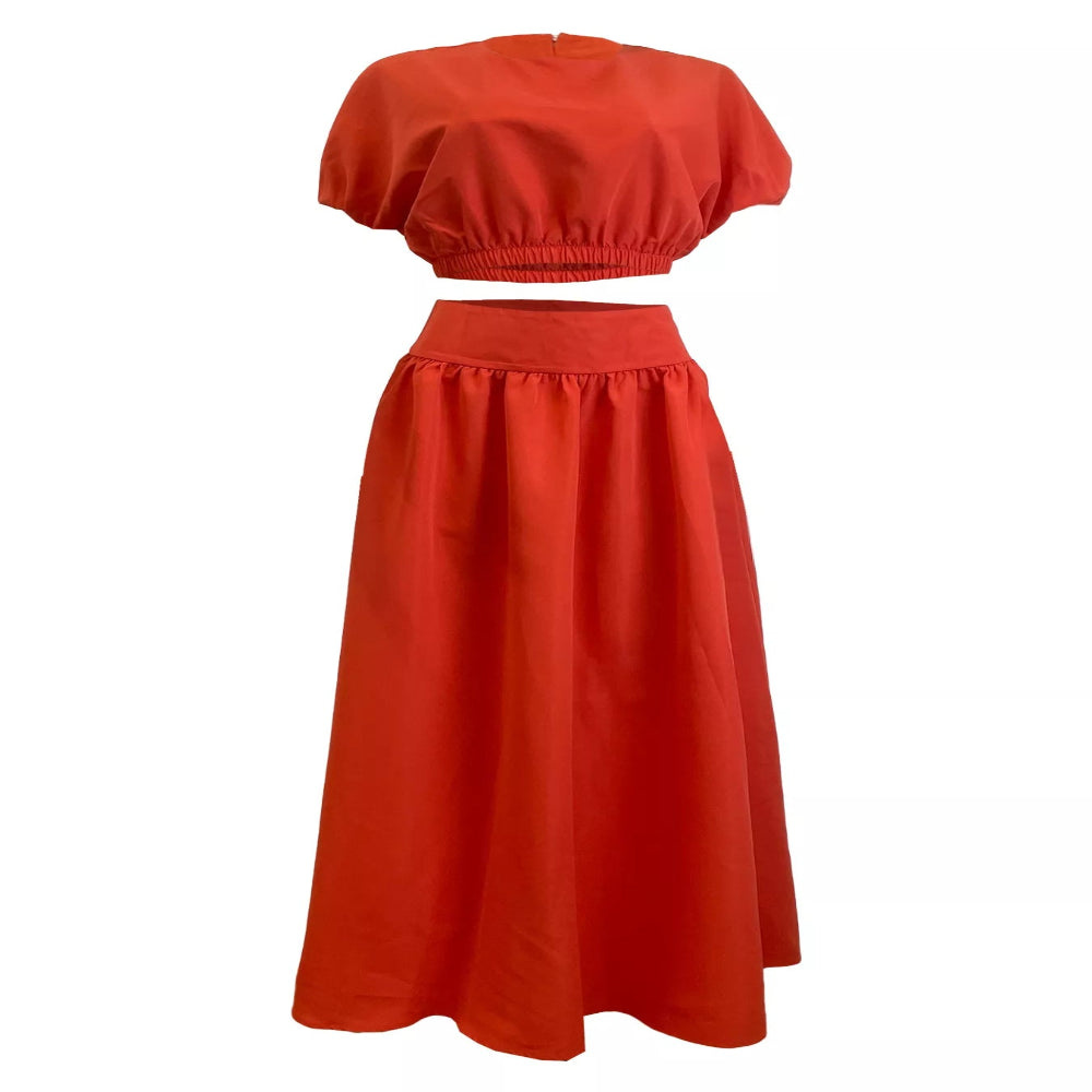 Short Sleeve Crop Top and Skirt Set - Orange Red
