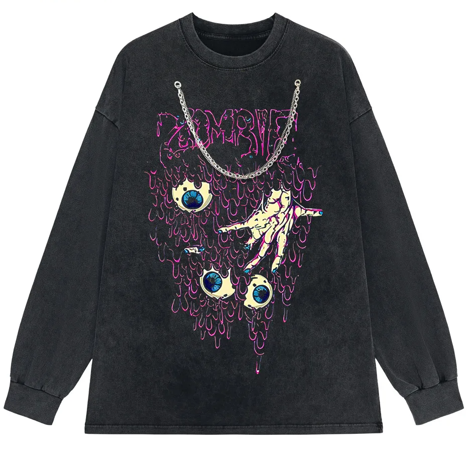 Zombie Horror Gothic Washed Cotton Oversized T-Shirt - long retro