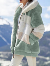 Multicolor patchwork hooded short fashion jacket - Khaki