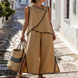 Contrast Trim Top and Slit Pants Set - Apricot