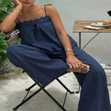 Lace Trim Cami and Wide-Leg Pants Set - Blue