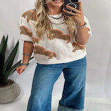 Western Horse Short Puff Sleeve Sweater - Beige